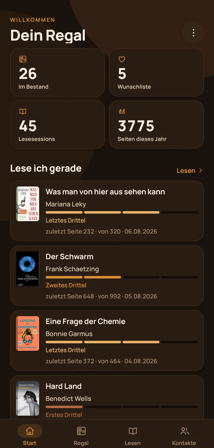 Buchregal Startbildschirm mit Kennzahlen und aktuell gelesenen Büchern