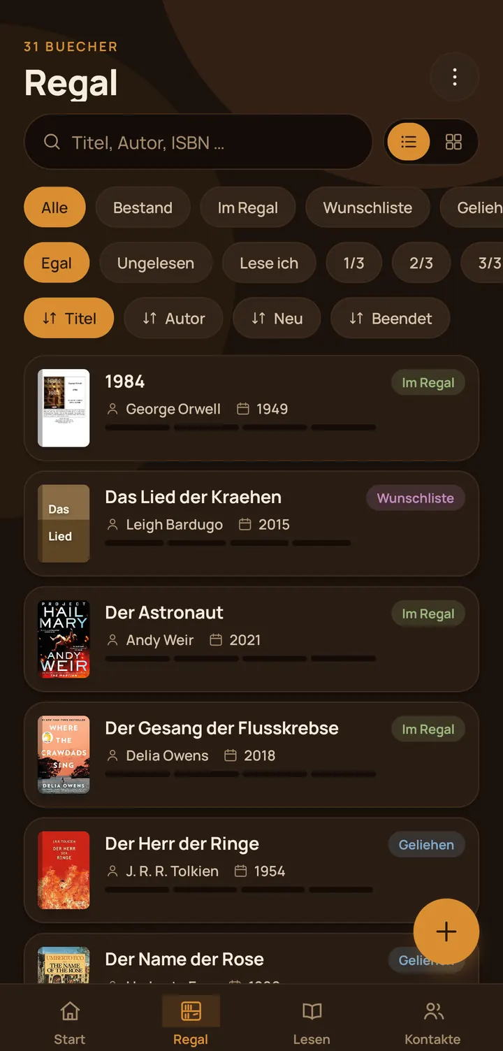 Buchregal Regalliste mit Suche, Filtern und Fortschrittsbalken