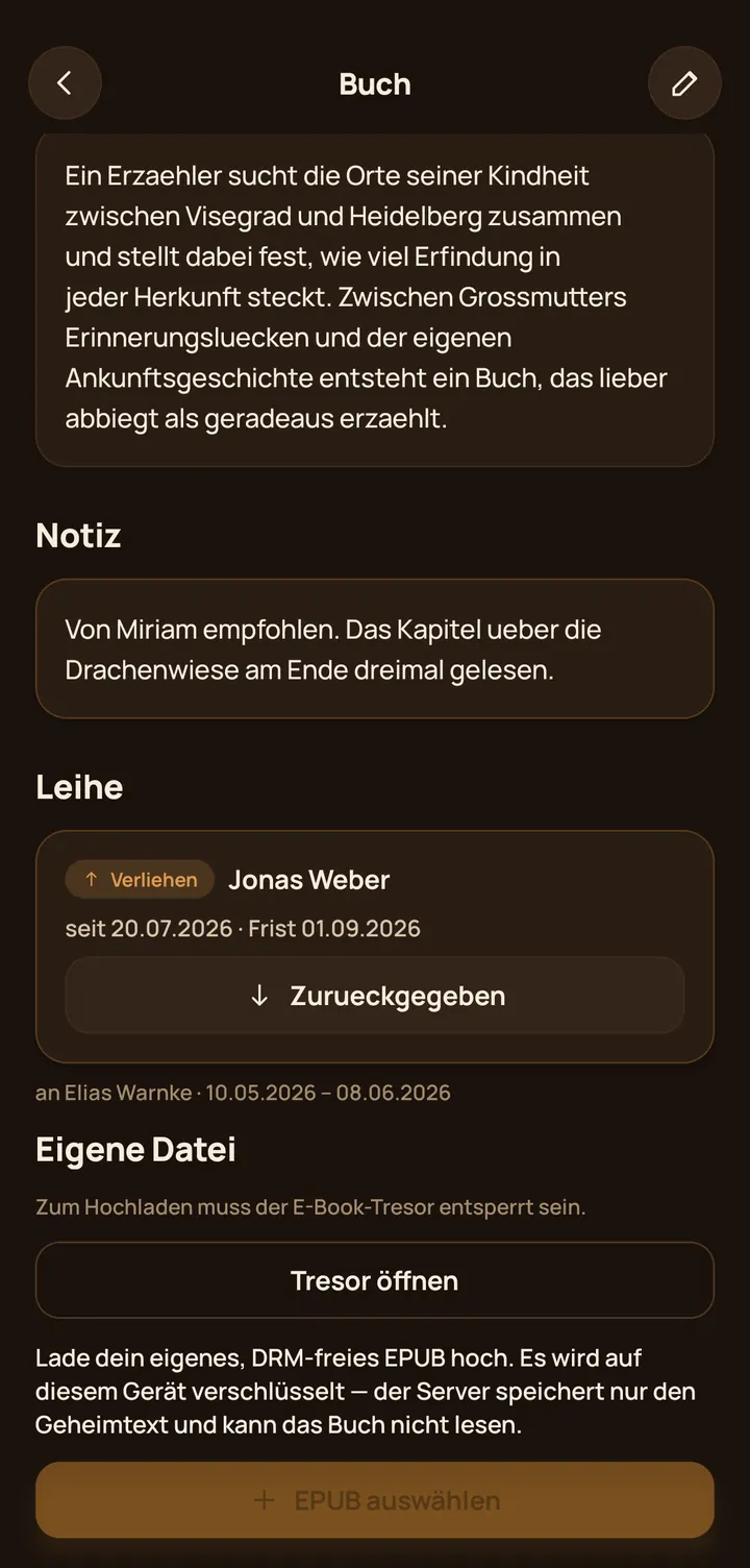 Buchregal: Klappentext, Notiz und Leihe