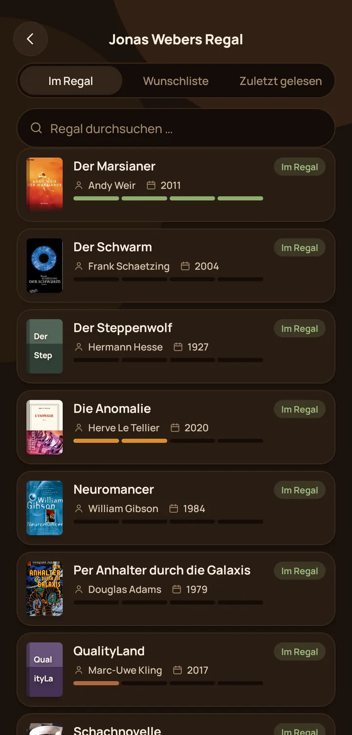 Buchregal Regal eines Freundes mit Bestand und Wunschliste