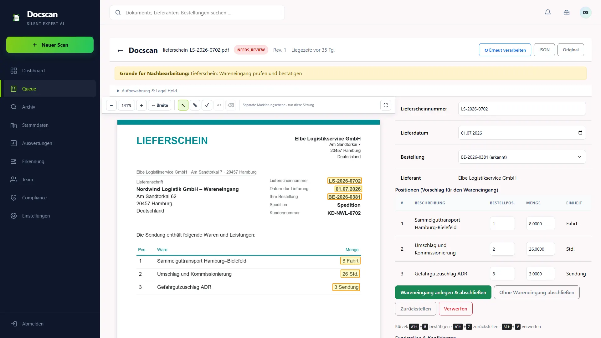 DocScan Lieferschein mit Vorschlag für den Wareneingang