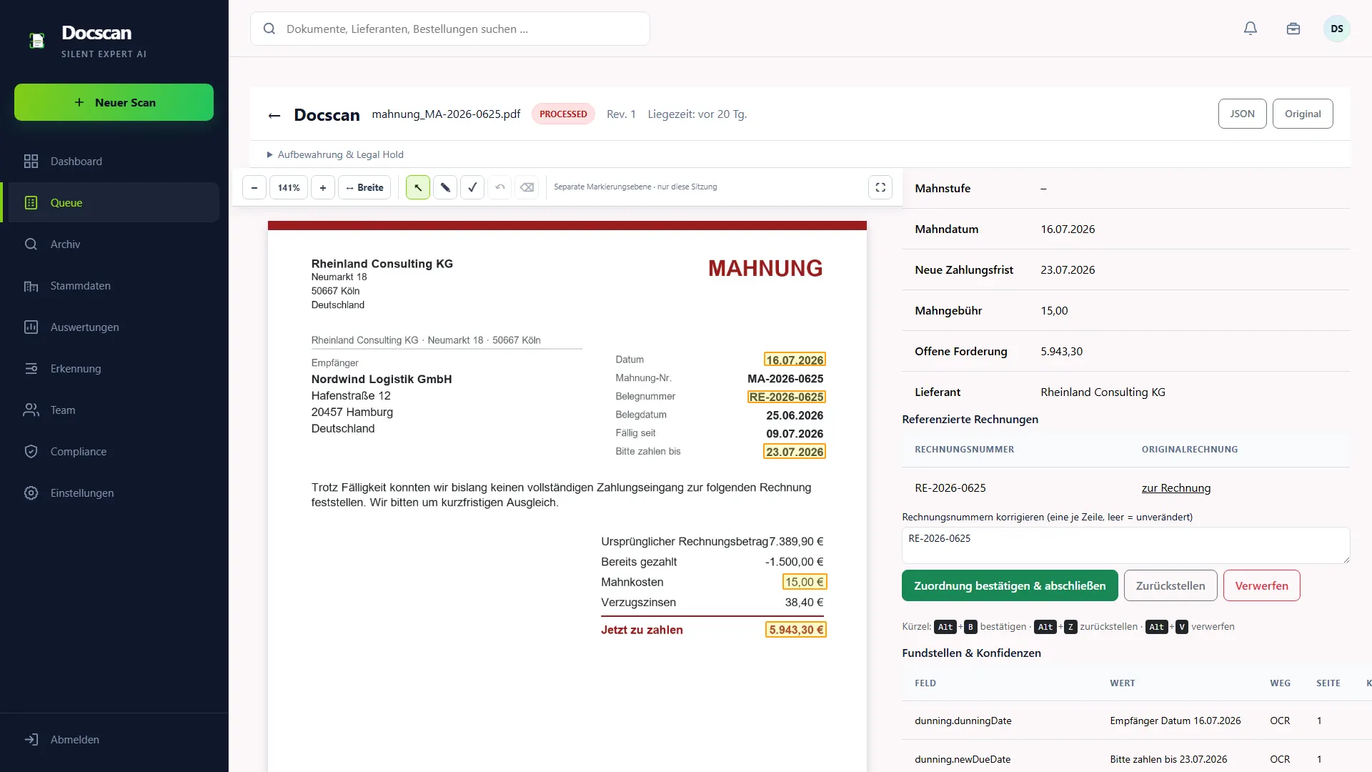 DocScan: Mahnung – Fristen, Gebühren und Rechnungsbezug