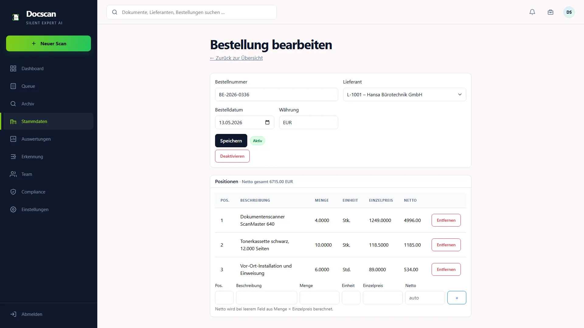 DocScan: Bestellung mit Positionen – Grundlage des 3-Wege-Abgleichs