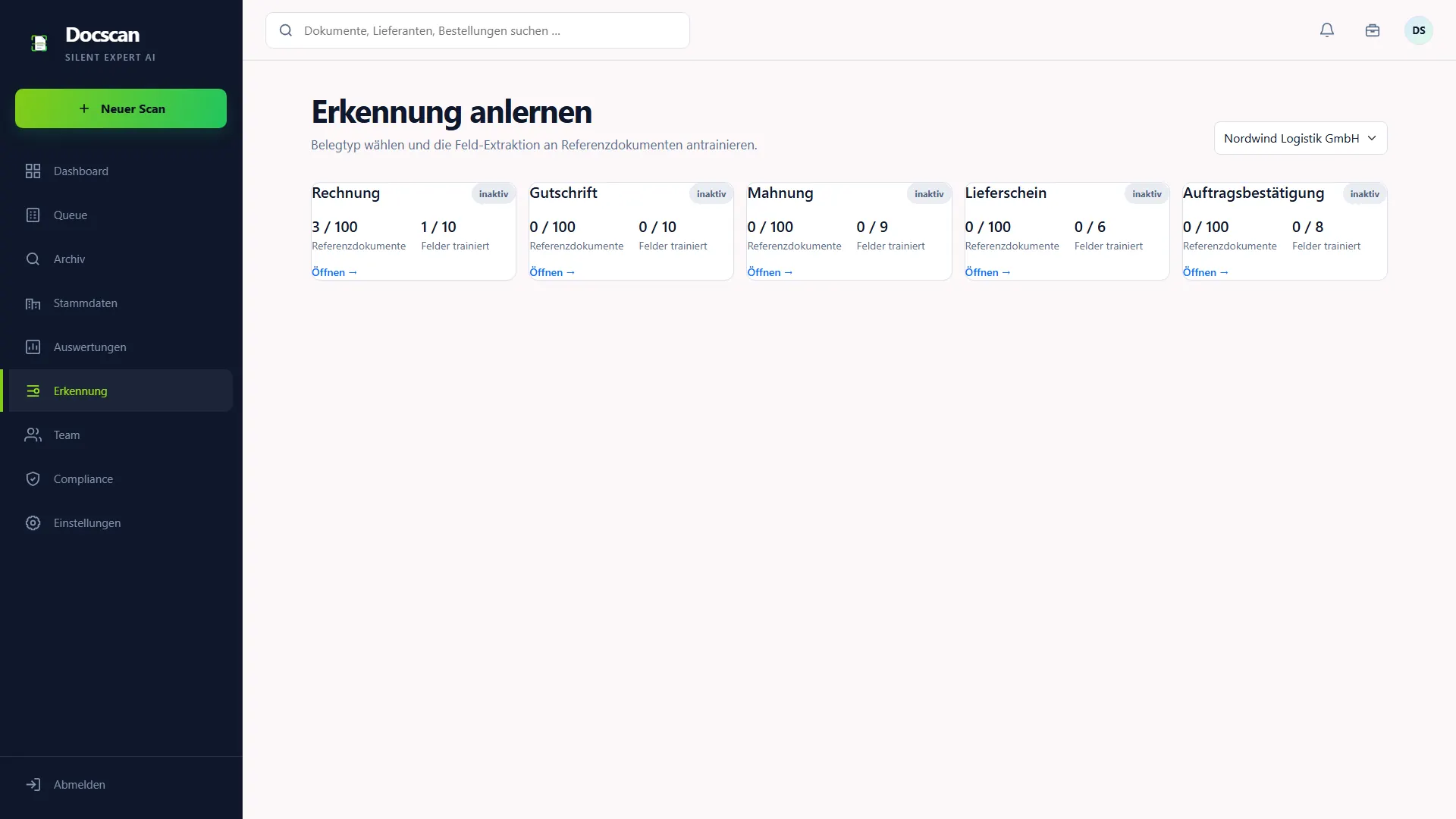 DocScan: Erkennung anlernen – Überblick je Belegtyp