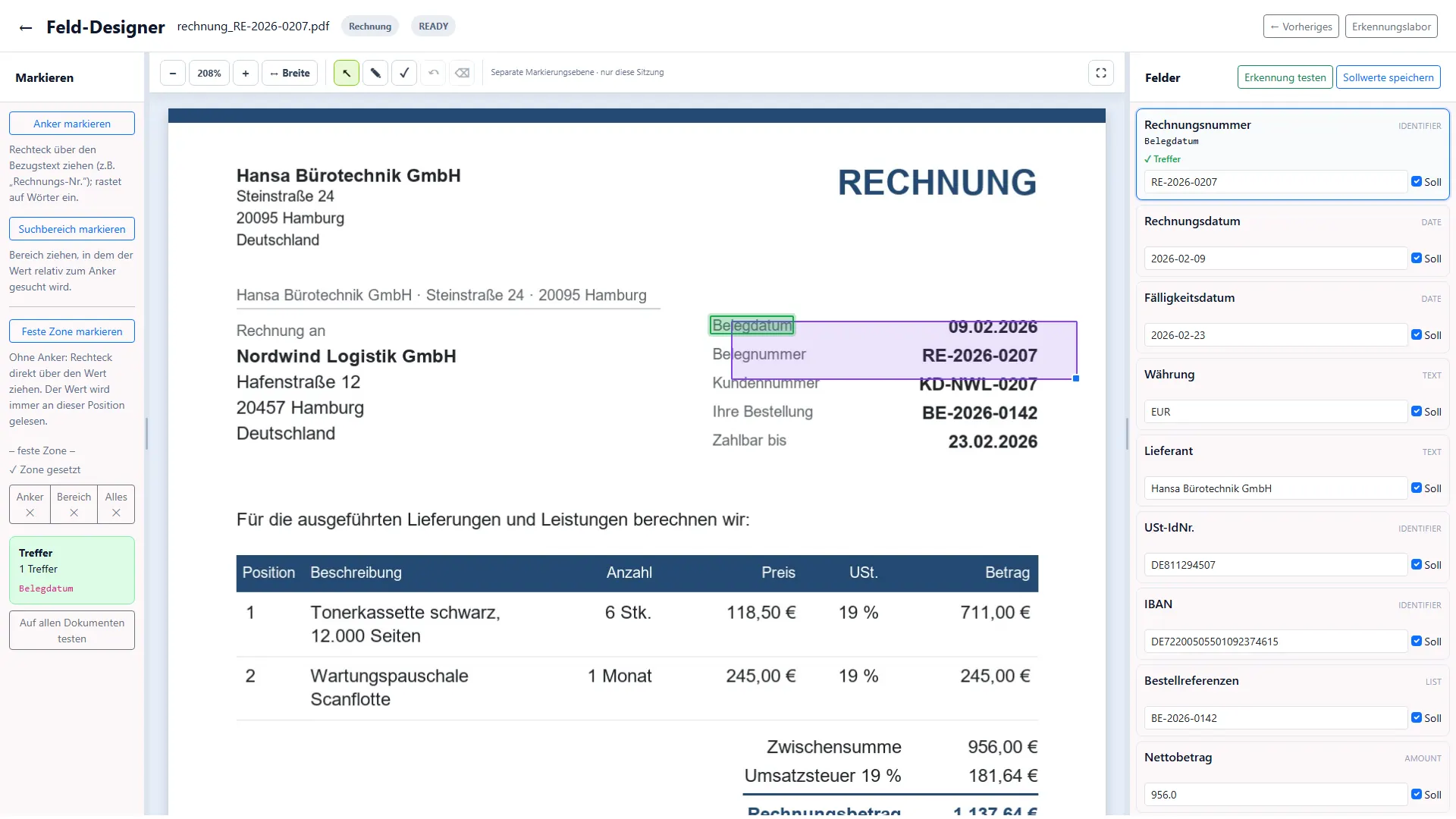 DocScan Feld-Designer mit Anker und Suchbereich auf dem Beleg