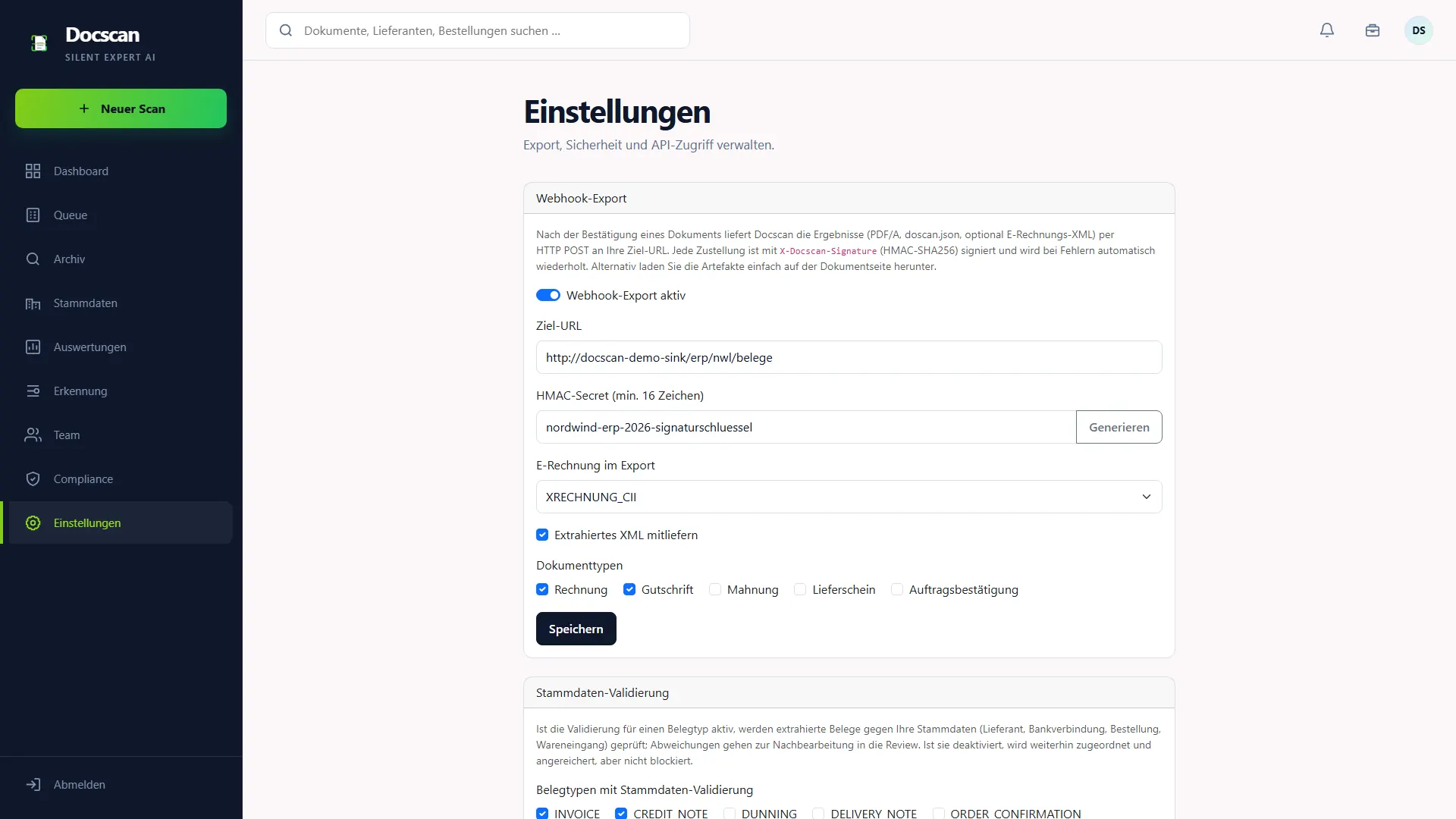 DocScan: Einstellungen – Webhook-Export und E-Rechnung