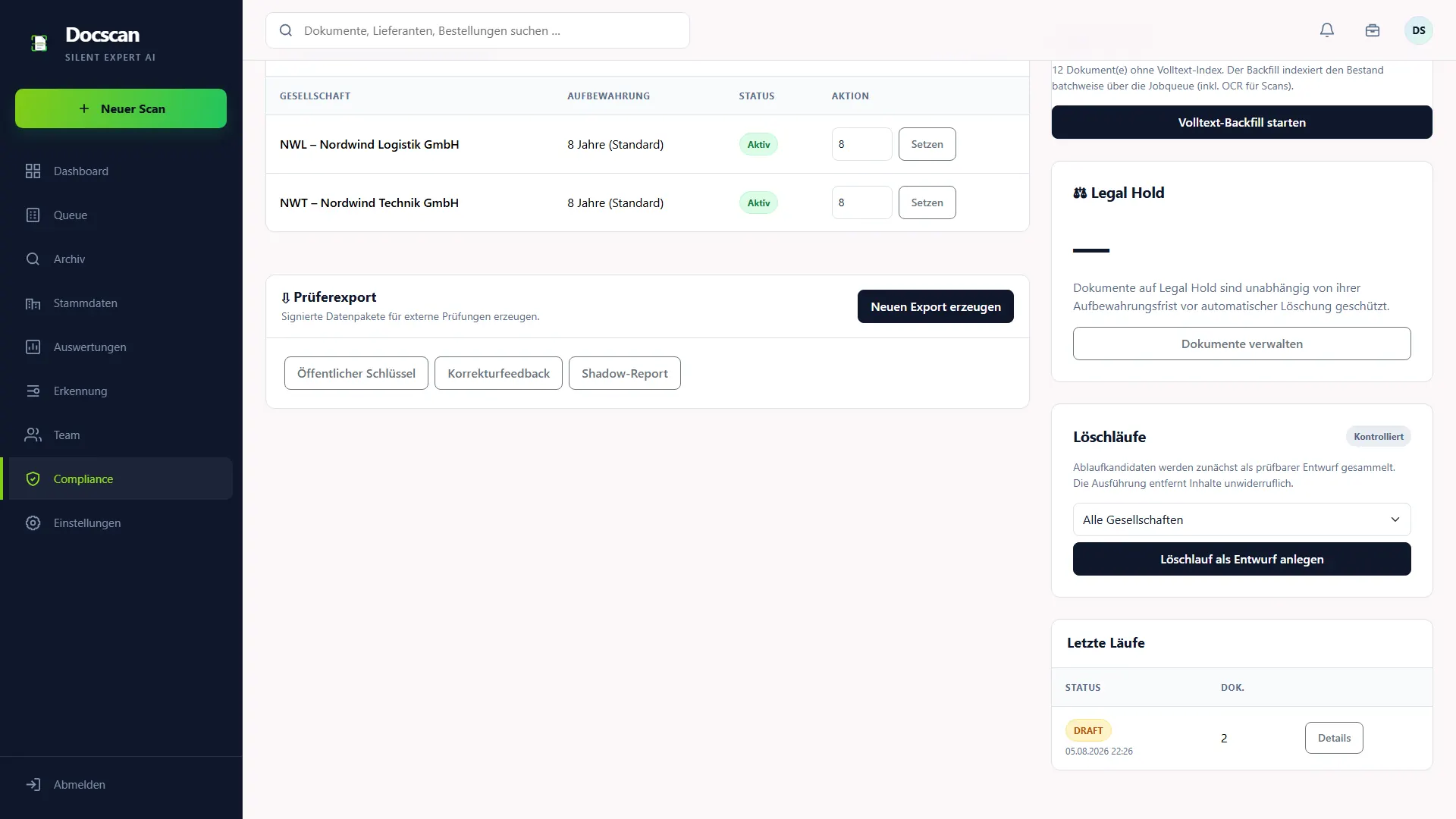 DocScan: Compliance – Aufbewahrung, Legal Hold, Löschläufe