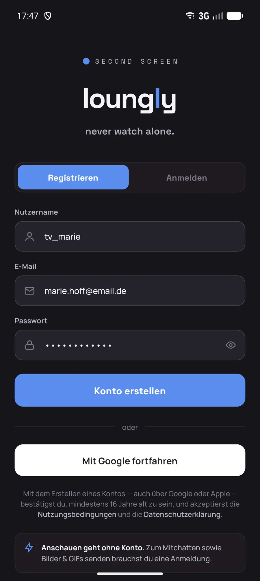 Loungly: Konto erstellen