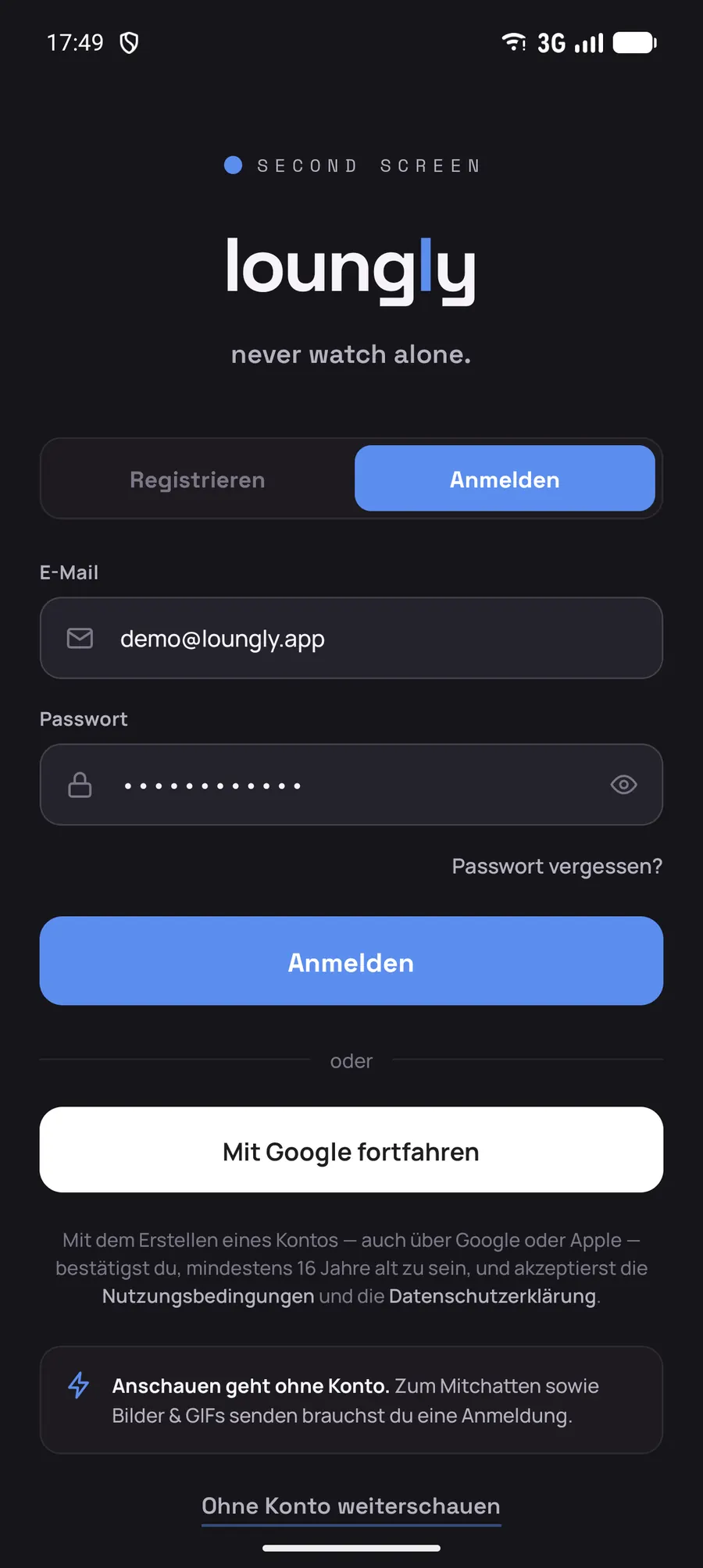 Loungly: Anmelden