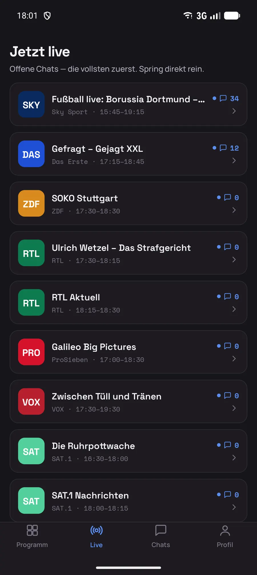 Loungly Live-Tab mit offenen Chaträumen sortiert nach Andrang