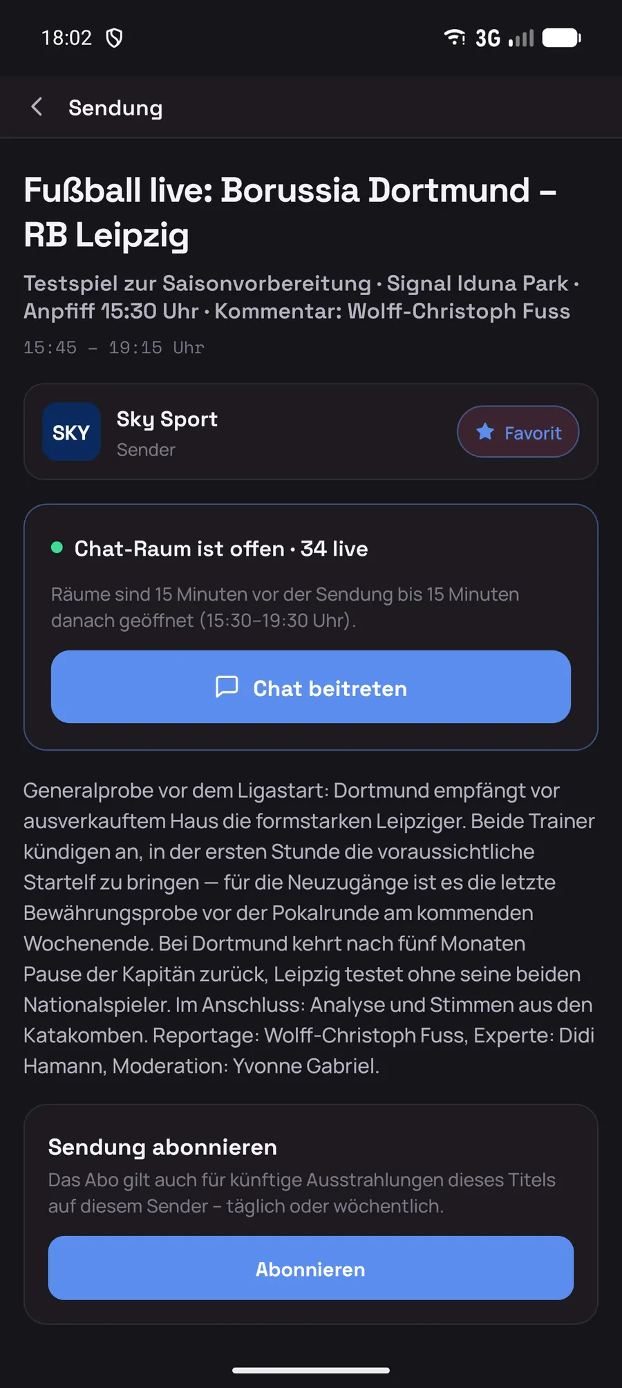 Loungly Sendungsdetail mit offenem Chatraum