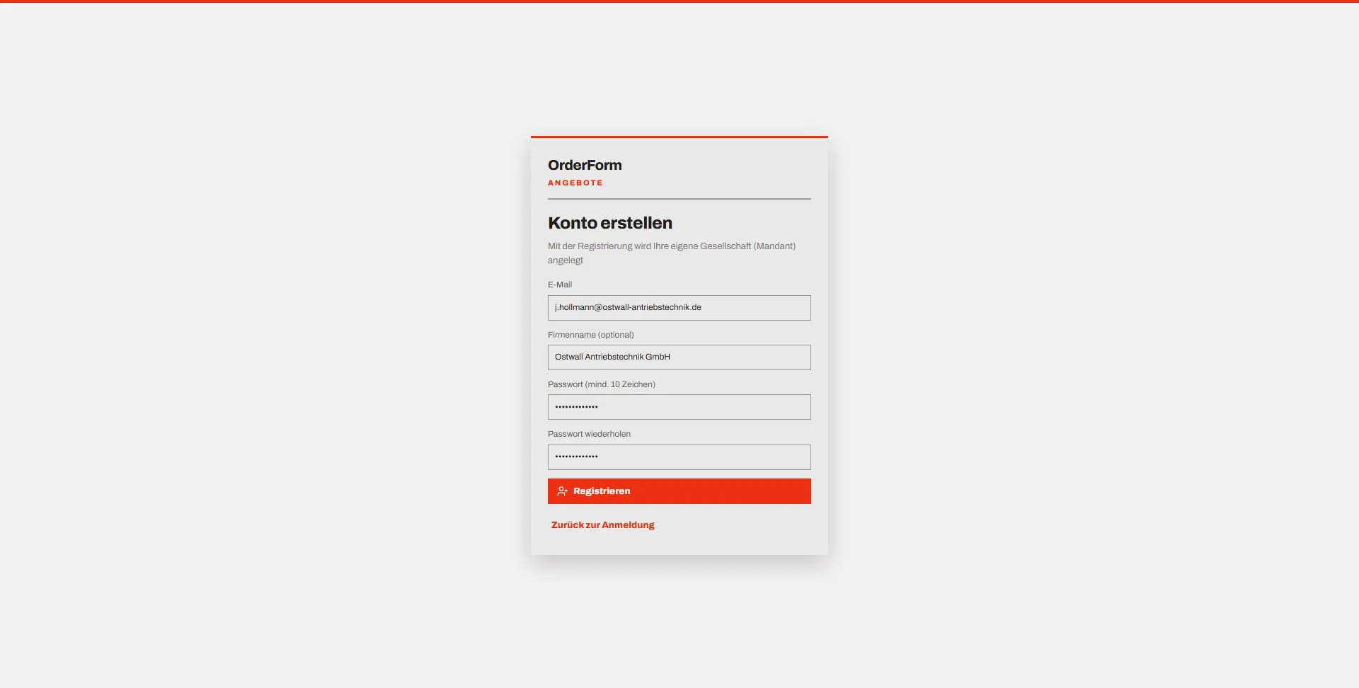OrderForm: Konto erstellen