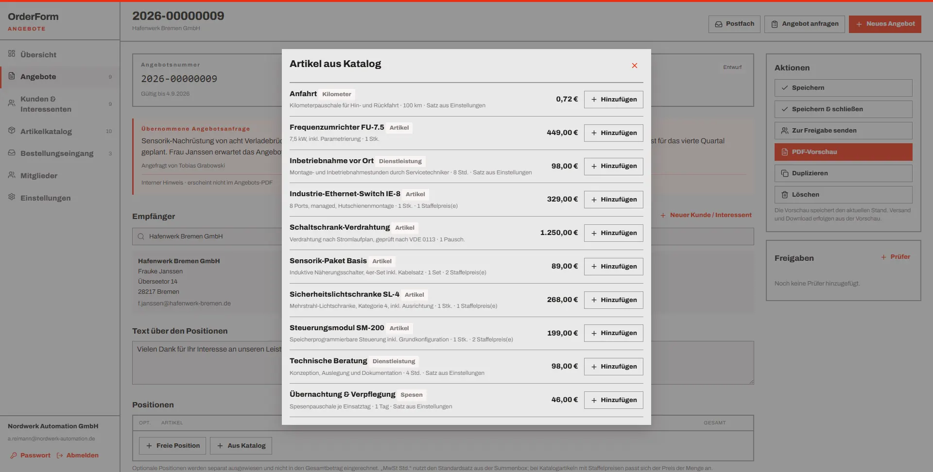 OrderForm Übernahme von Artikeln aus dem Katalog mit Preisherkunft