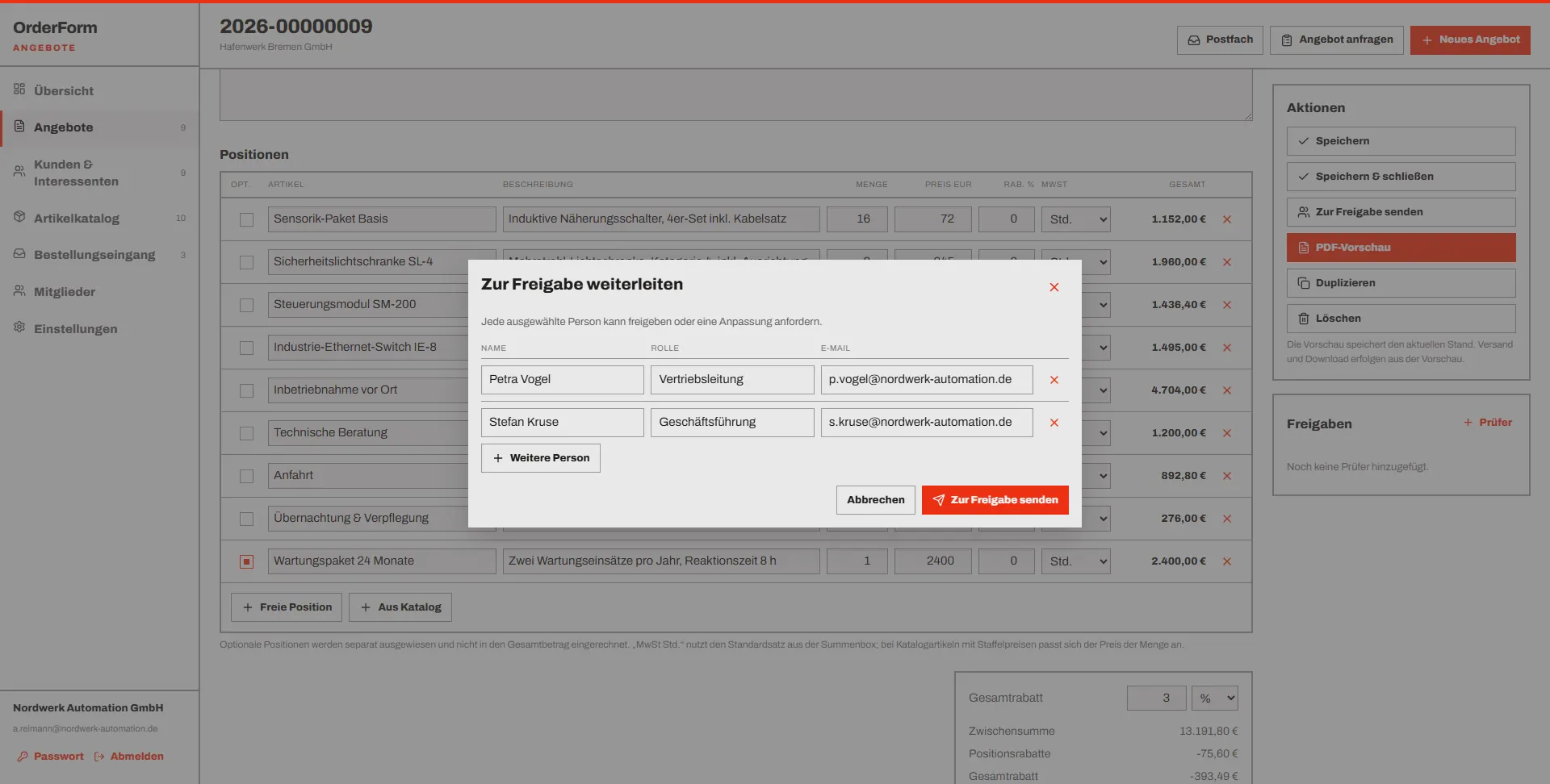 OrderForm: Zur Freigabe senden