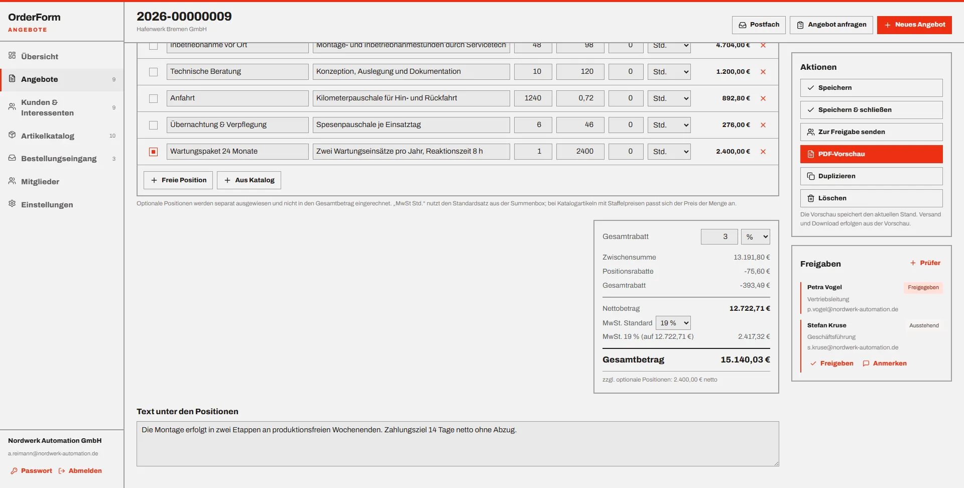 OrderForm Summenübersicht mit offenen und erteilten Freigaben