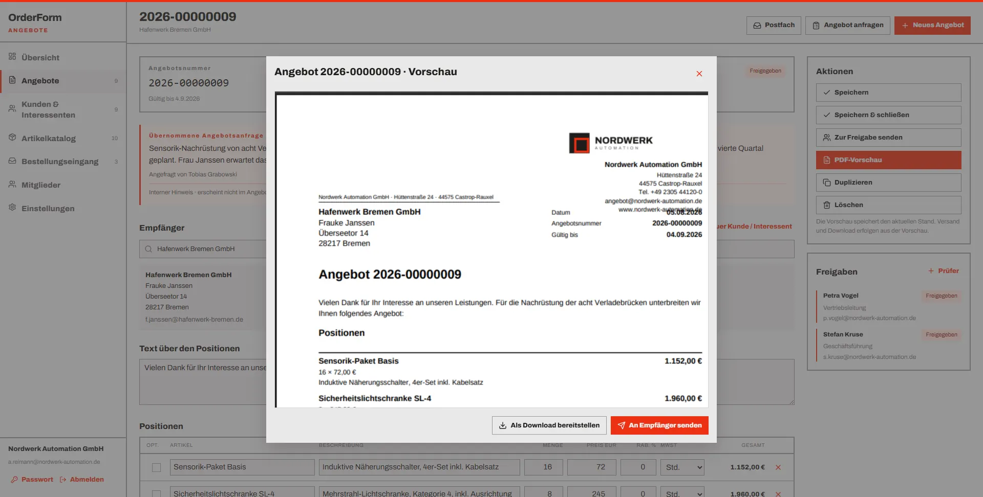 OrderForm PDF-Vorschau des Angebots mit Briefkopf und Positionen