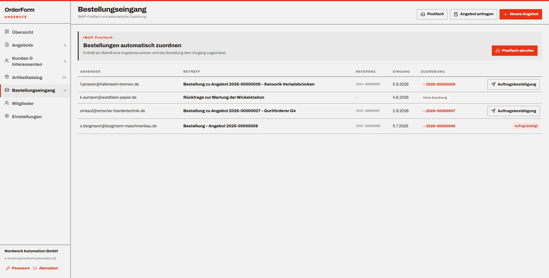 OrderForm Bestellungseingang mit per IMAP zugeordneten Bestellmails