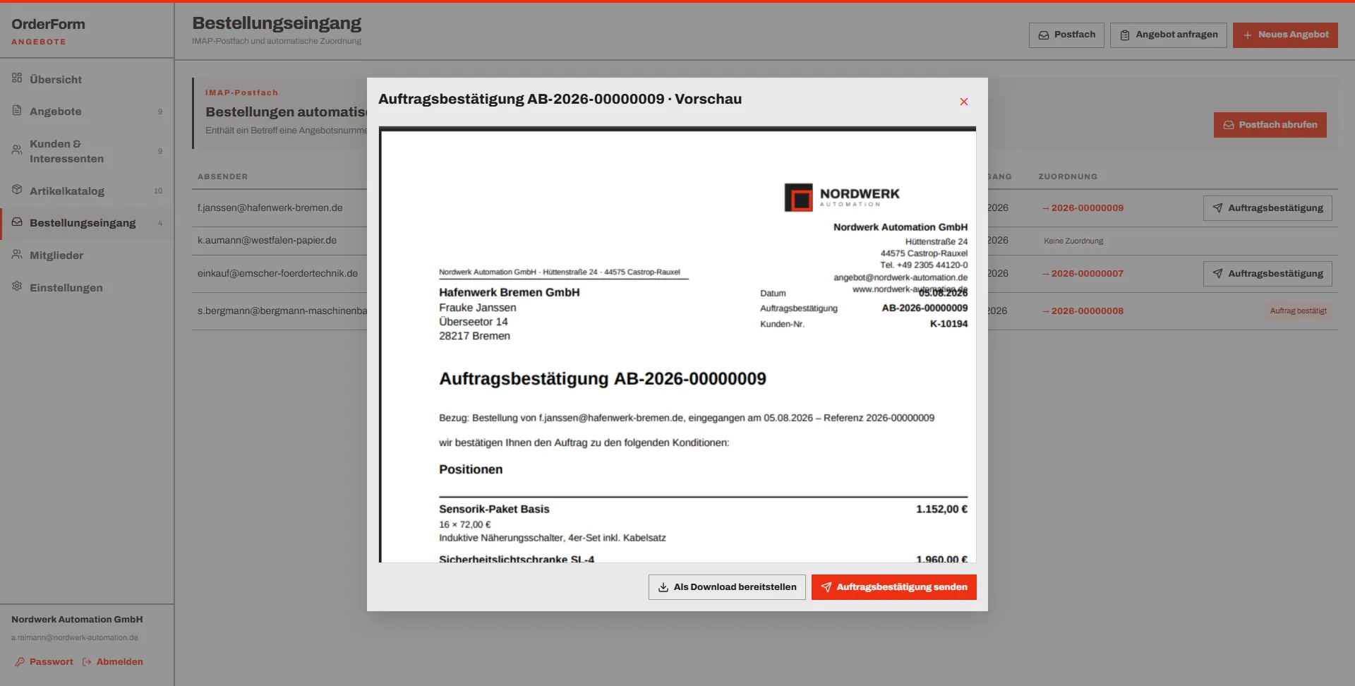 OrderForm Auftragsbestätigung mit Bezug auf die eingegangene Bestellung