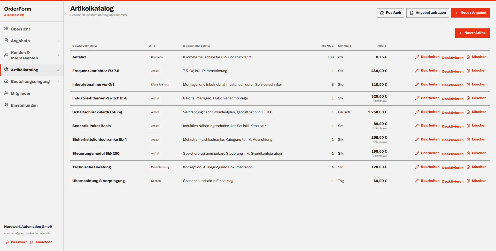 OrderForm: Artikelkatalog