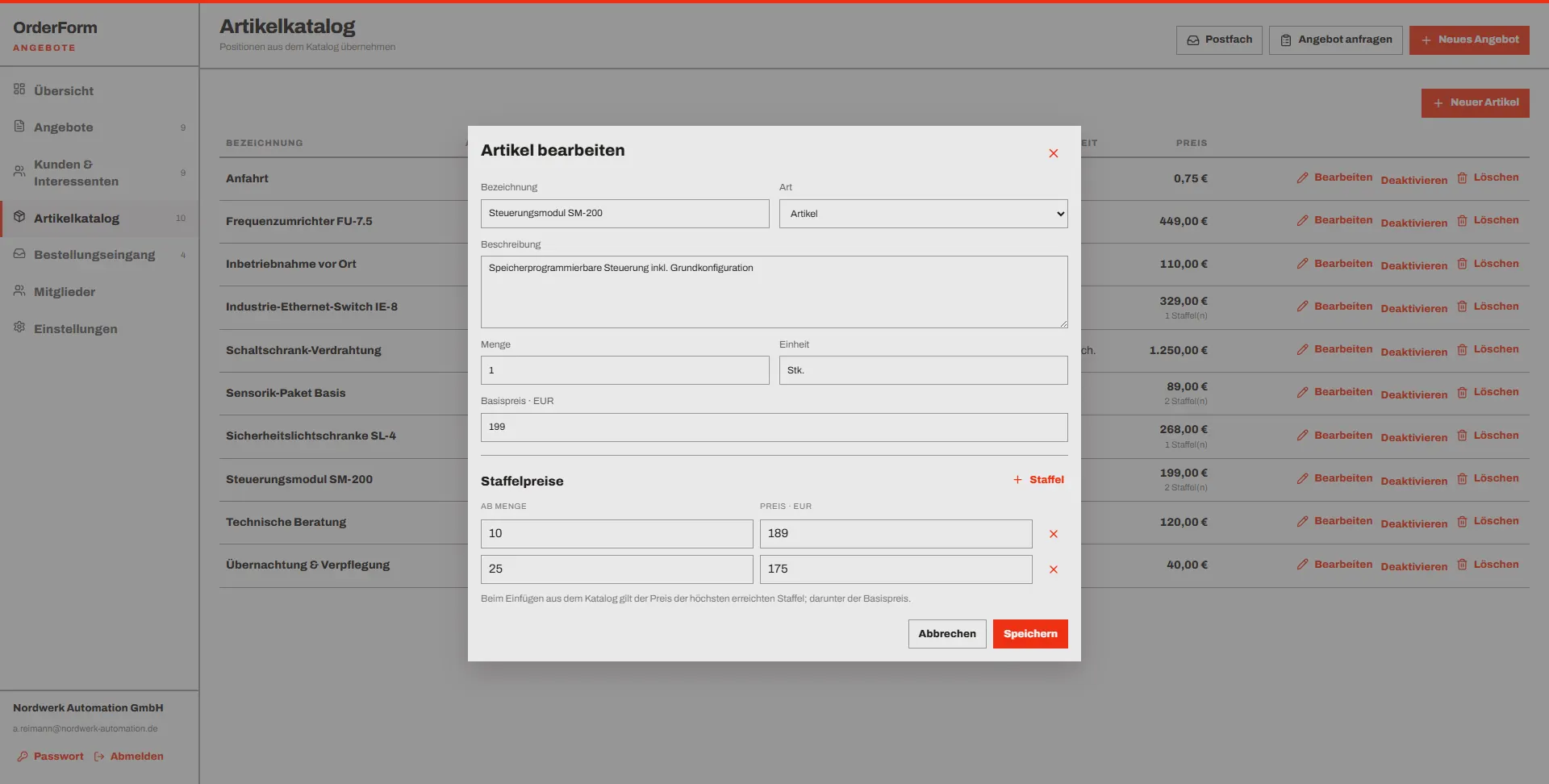 OrderForm Staffelpreise am Artikel im Katalog
