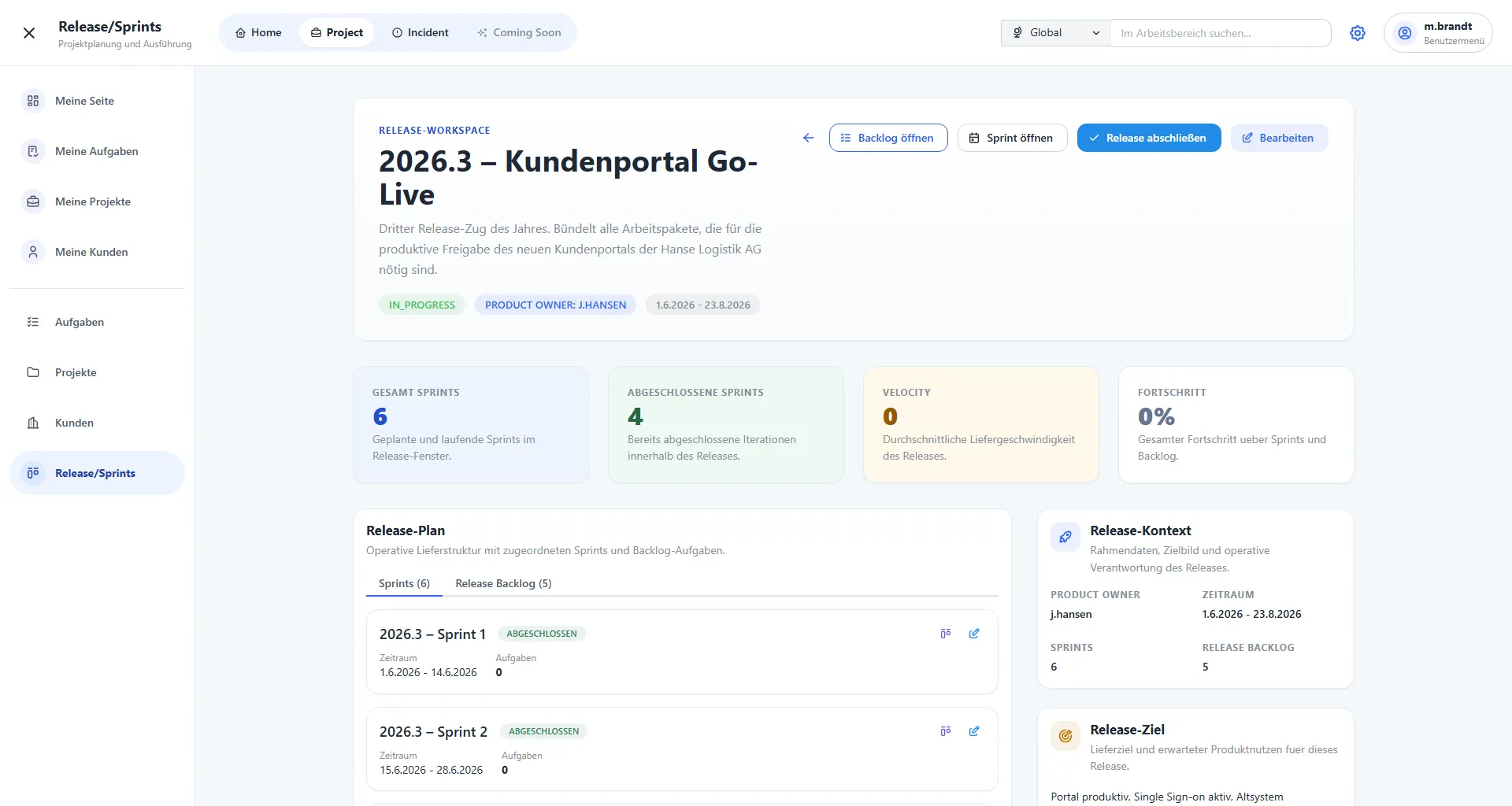 Planox Release-Detail mit Sprintplan und Release-Backlog