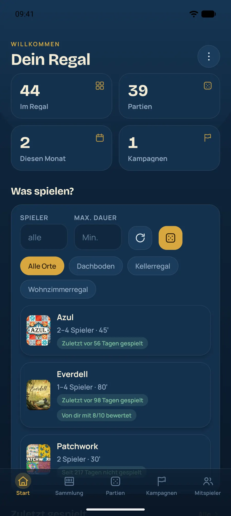 Spielregal Dashboard mit Kennzahlen und begründeten Spielvorschlägen