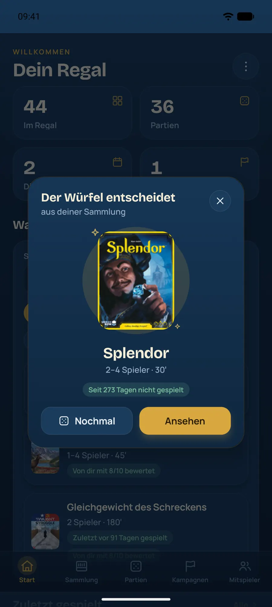 Spielregal Würfelentscheid mit einem gezogenen Spielvorschlag