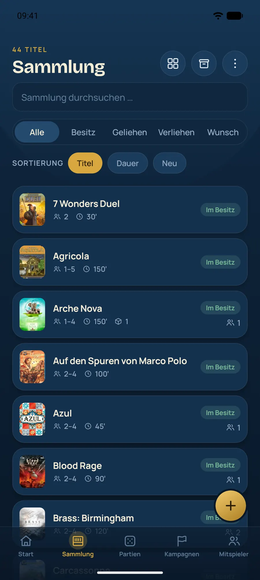 Spielregal Sammlungsliste mit 44 Titeln