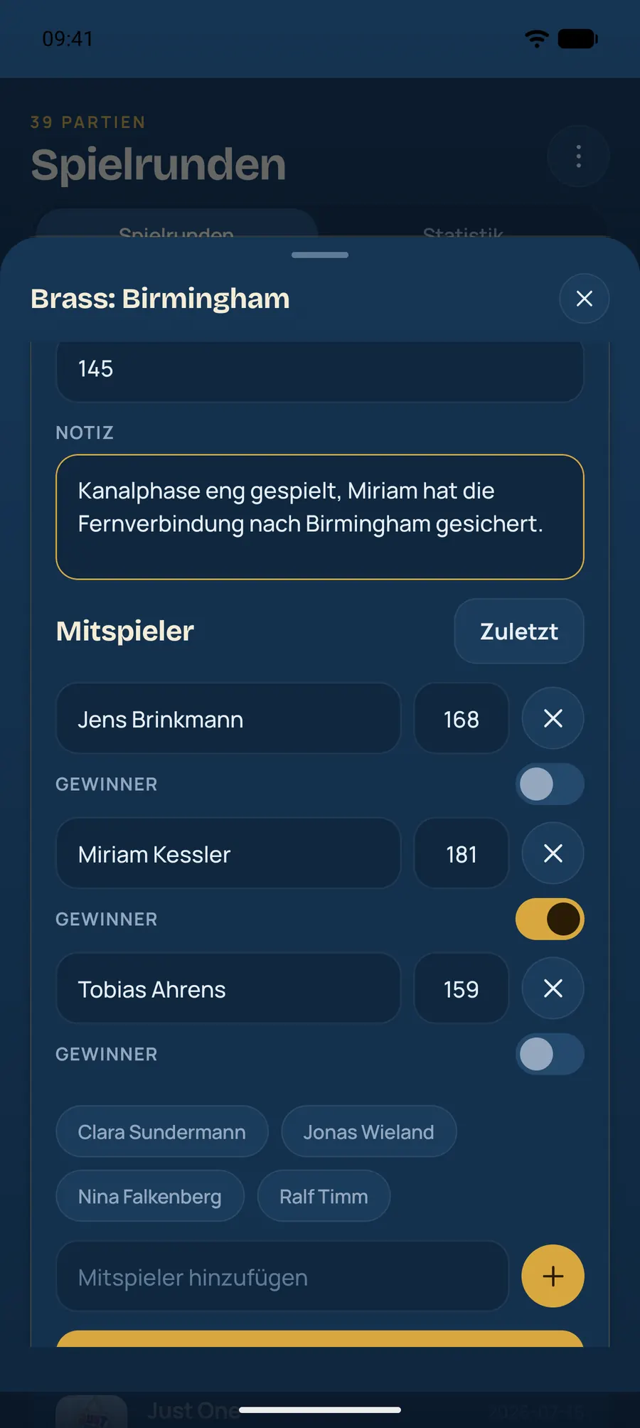 Spielregal: Partie erfassen