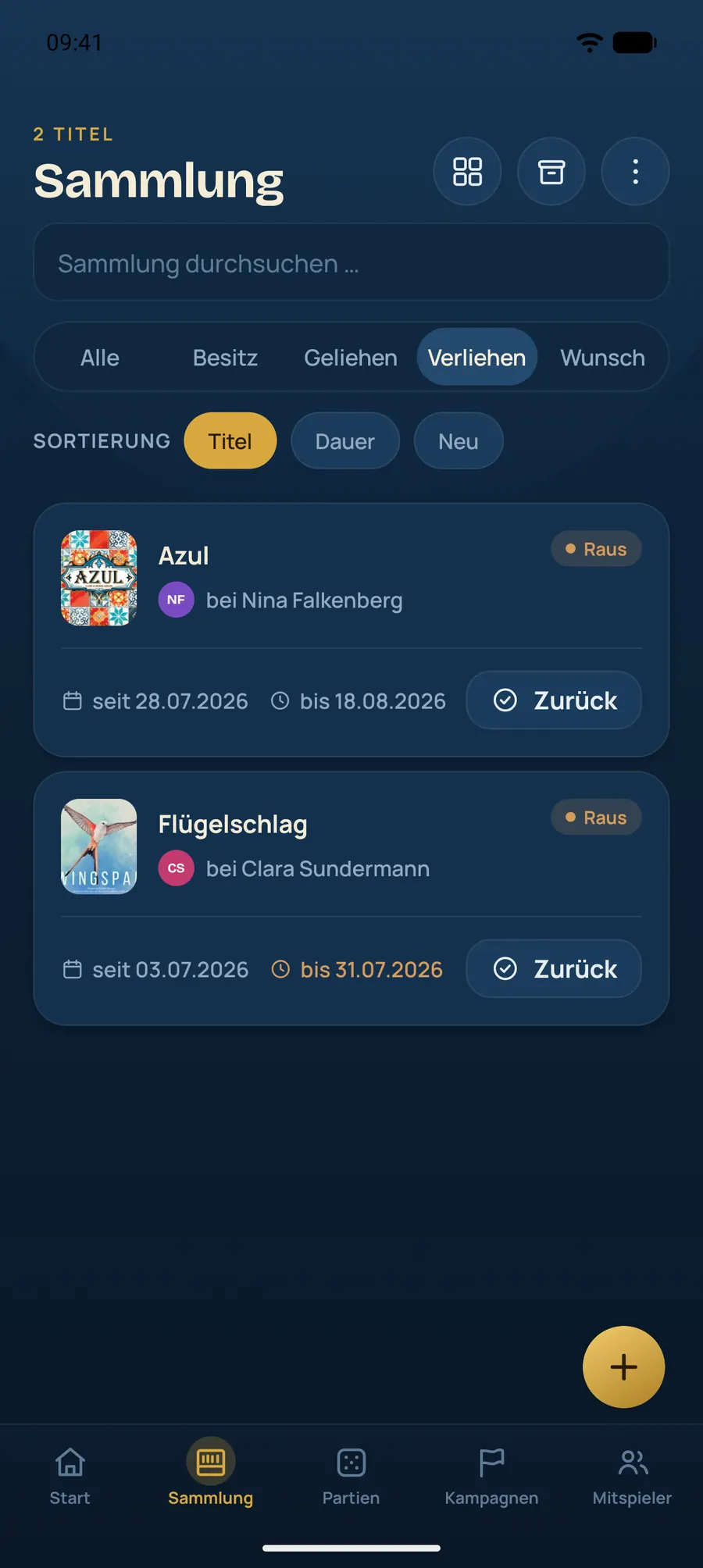Spielregal Verleihübersicht mit überfälliger Ausleihe