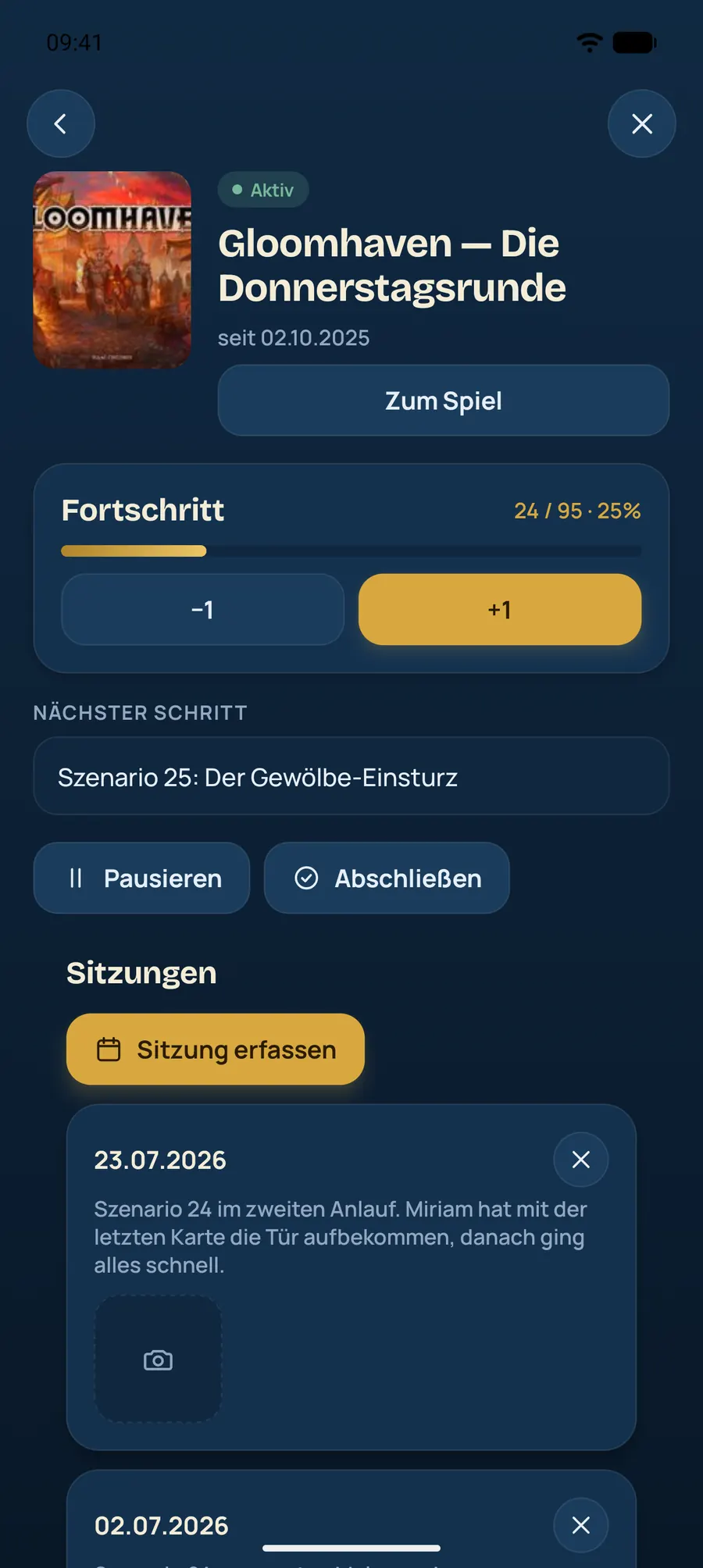 Spielregal Kampagnendetail mit Fortschritt und Sitzungsliste