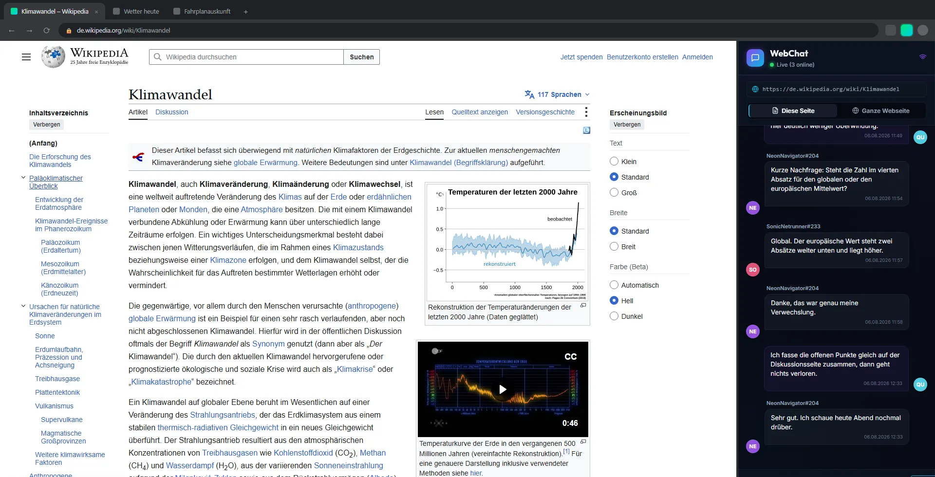 Wikipedia-Artikel mit geöffnetem WebChat-Sidepanel und drei anwesenden Besuchern